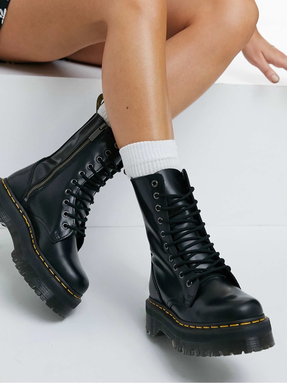Dr. Martens Black Leather Platform Lace-Up Boots with Yellow Stitching - Picture 7 of 8
